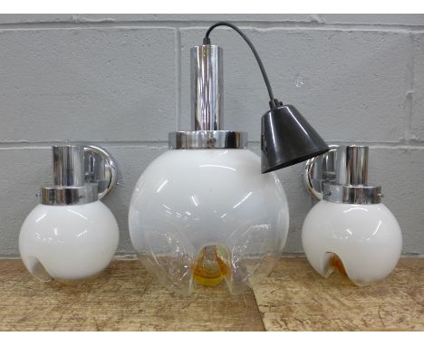 Three Murano glass lights, a set including two side lights and a centre pendant light