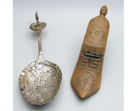 A continental spoon, repaired with silver, and a novelty snuff box in the form of a shoe, a/f 