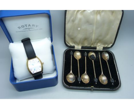 A cased set of six silver coffee bean spoons, one a/f, 52g, and a gentleman's Rotary wristwatch, boxed 