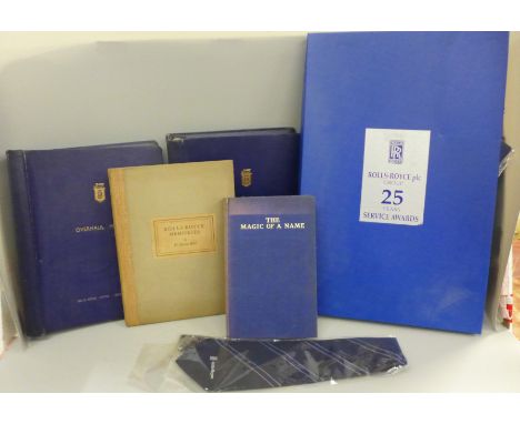Rolls Royce items including 1950s Bulletins, aircraft manual and spare part catalogues, mounted engine part, two pocket knive