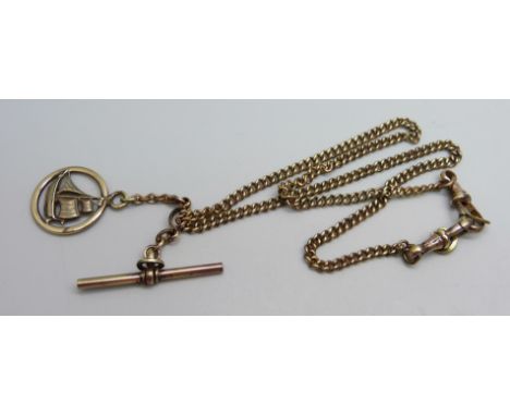 A plated watch chain with ship detail fob, 43cm 