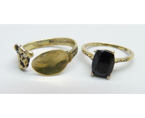 A silver gilt onyx and diamond ring and one other silver ring, N and R 