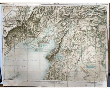 World War One coloured folding map of Aleppo and region in the Ottoman Empire, linen backed, circa 81 x 63.5 cm, produced by 