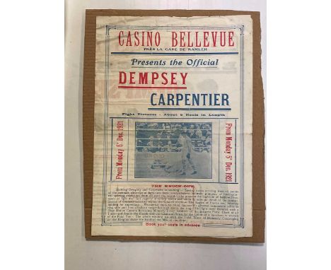 Boxing interest - Jack Dempsey and Georges Carpentier, a boxing poster dating to 1921 with cinema history. The folding paper 