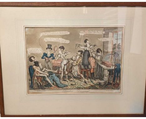Satirical cartoons. Dandies Dressing, Regency period coloured etching published by Le Petit, 22.5 x 32cm; Well Mr Depperty, I
