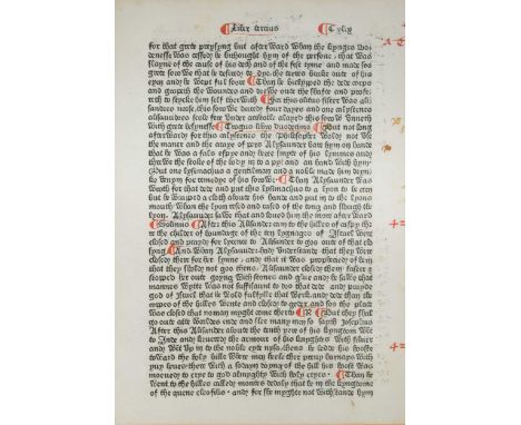 CAXTON (William) [HIGDEN (Ranulphus)] Polychronicon, 1482, a single leaf 'Cxlix' printed on both sides, with red capitals mar