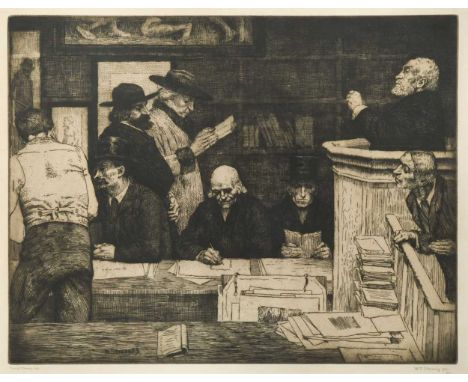 William Strang (1859-1921) A Sale of Prints at Sotheby's, etching, signed below by the artist and David Strang, 40.5 x 32cm (