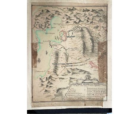 [NICOLOTTI (T), attributed to]  An 18th Century manuscript map of the Bombardment of Toulon, 1707; pen, ink and watercolour o