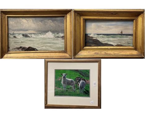 A matched pair of 19th century English school coastal scenes, indistinctly signed, oil on canvas, 31cm by 52cm, together with