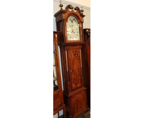 A George III mahogany eight-day long case clock, later inlaid, with 13'' painted arched top dial incorporating a moon roller,