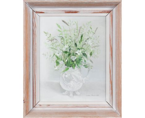 Audrey Johnson (1918-2010)  ''Grasses in a White Jug'' Signed and dated 1970, bears artist's label verso, oil on board, 24cm 