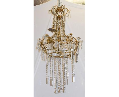 A gilt metal six light chandelier with lustre drops, approx 125cm drop