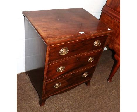 A George III mahogany three-height chest of small proportions with strung inlay and raised on splay bracket feet, 64cm by 48c
