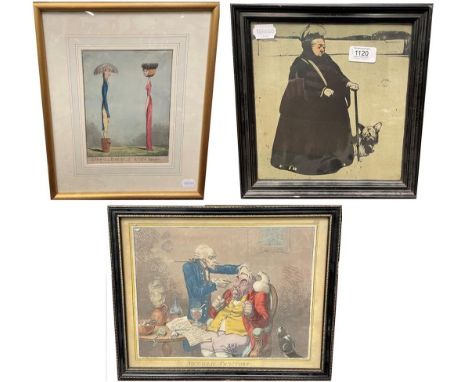 Two 19th century satirical coloured engravings titled 'Metallic tractors' and 'A mop in a bucket and new broom' together with