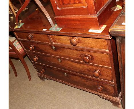 A Georgian mahogany chest of drawers with turned handles and raised on bracket supports, 110cm by 53cm by 82cm 