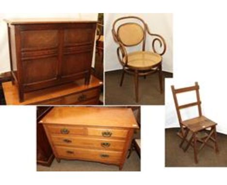 A 20th century oak panelled coffer, 82cm by 43cm by 70cm together with an Edwardian light oak chest (formally a dressing tabl