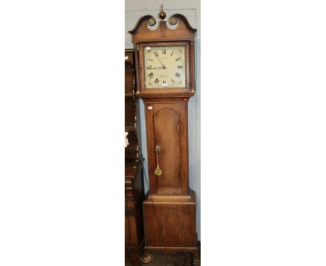 An oak thirty-hour longcase clock, early 19th century, 12'' square painted dial signed S. Bull, Bedford, thirty-hour movement