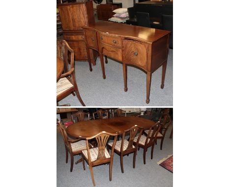 A Regency style brass inlaid mahogany twin pillar dining table, 208cm by 100cm by 75cm; together with a set of eight mahogany