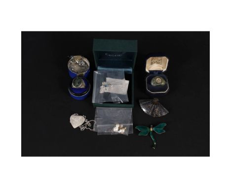 A mixed lot of jewellery including 9ct gold pearl set drop earrings, a quantity of silver jewellery including an enamelled br