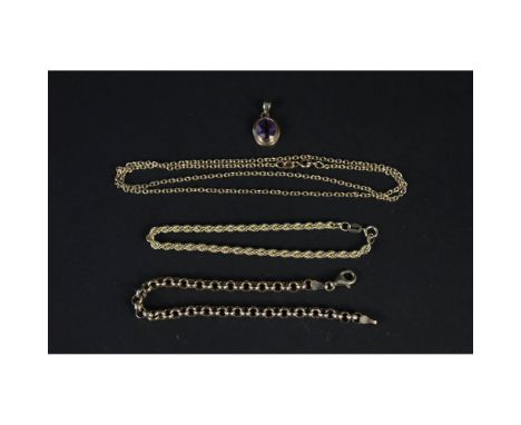 Two 9ct gold bracelets plus a 9ct gold necklace with amethyst pendant