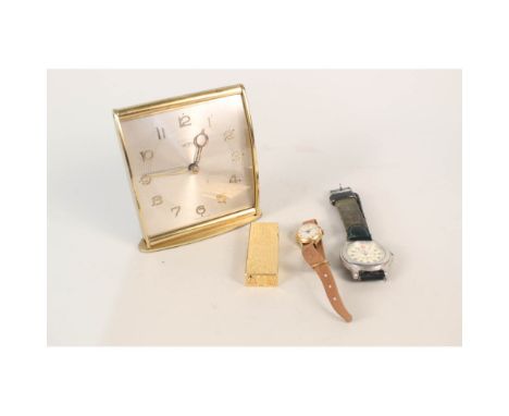 A Dunhill gilt metal gas lighter, a Metamec clock plus two wristwatches