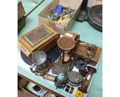 Two novelty cigarette dispensers, cutlery and sundries (tray and box)