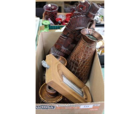 A pair of wooden barley twist candlesticks, thermometer, Aztec style carving plus a copper jug