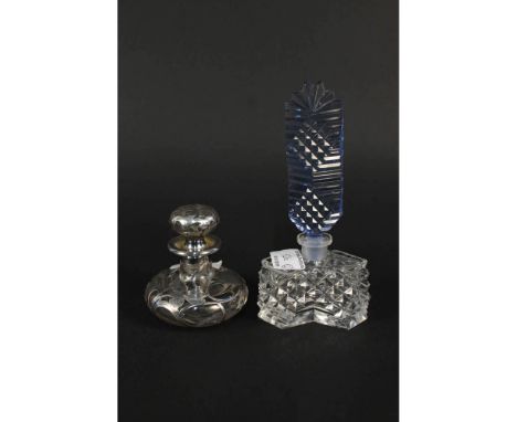 A vintage white metal overlay glass scent bottle (as found), an Art Deco cut scent bottles with blue glass stopper (as found)