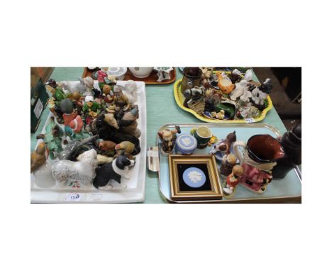 A monk decanter, figurines and other china (three trays)