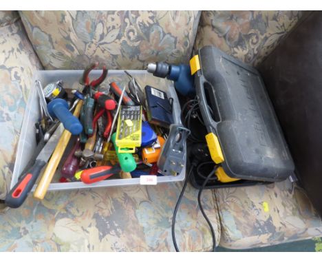 CASED EINHELL ELECTRIC DRILL, DRAPER ELECTRIC DRILL AND A TRAY OF ASSORTED HAND TOOLS.