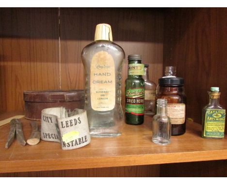 SELECTION OF VINTAGE COMMERCIAL BOTTLES WITH LABELS , FLOUR SHAKER TIN , CITY OF LEEDS ARM BAND AND OTHER VINTAGE ITEMS.