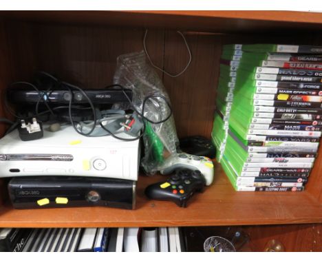 TWO MICROSOFT XBOX 360 GAMES CONSOLE , THREE WIRELESS CONTROLLERS AND GAMES.