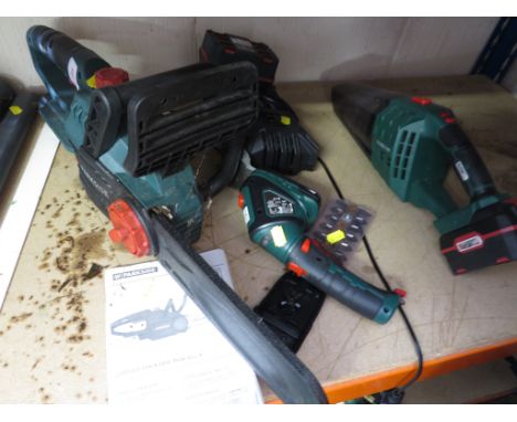 PARK SIDE CORDLESS CHAIN SAW, PARK SIDE CORDLESS HAND HELD VACUUM, AND PARK SIDE GRASS AND HEDGE TRIMMER. TOGETHER WITH ONE M
