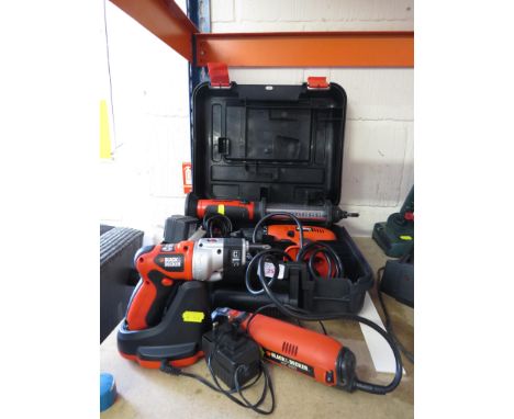 A SELECTION OF BLACK AND DECKER POWER TOOLS INCLUDING CORD LESS DRILL , PIVOT CORD LESS SCREWDRIVER AND OTHER ITEMS.