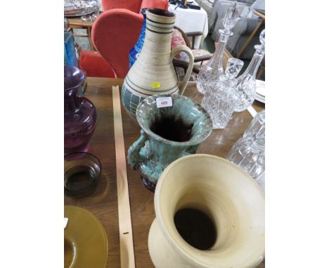 A WEST GERMAN BLUE AND TURQUOISE GLAZED VASE, A POTTERY PITCHER, AND TWO OTHER POTTERY VASES.