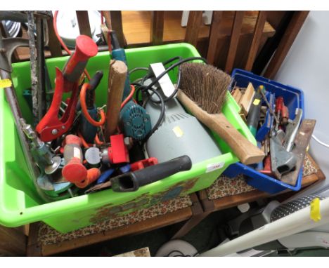 ONE BOX AND ONE TRAY WITH CONTENTS OF HAND TOOLS INCLUDING ELECTRIC DRILLS , SAWS , HAMMERS ETC.