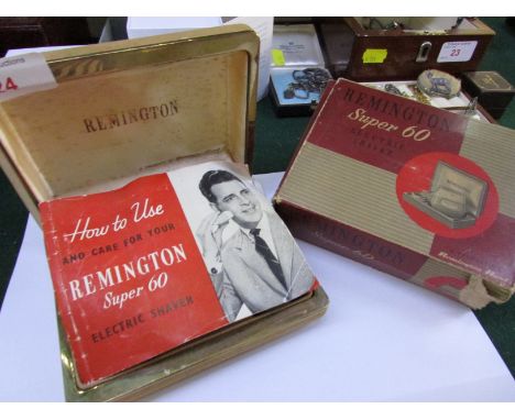 VINTAGE REMINGTON SUPER 60 ELECTRIC SHAVER WITH INSTRUCTIONS AND ORIGINAL BOX (SOLD AS ANTIQUE ITEM ONLY, NOT FOR USE)