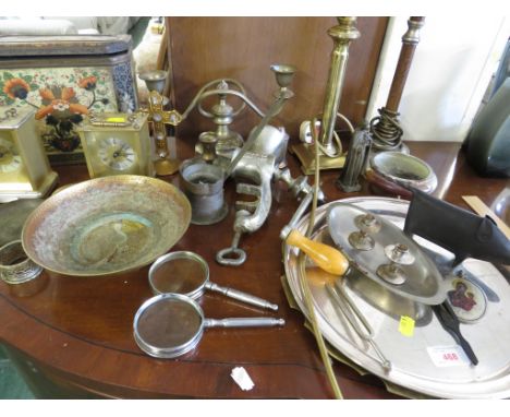 BRASS TABLE LAMP AND ONE OTHER TABLE LAMP , MANTEL CLOCKS , MINCER , TUNING FORKS , VINTAGE TIN AND OTHER METAL WARE.