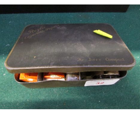 A RIZLA BRANDED JIFFY COMPACT CIGARETTE TIN WITH ROLLER AND PAPERS, TOGETHER WITH A QUANTITY OF EPNS CUTLERY