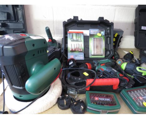 A SELECTION OF PARK SIDE ELECTRIC CORD LESS TOOLS , INCLUDING CAR POLISHER , DRILLS, GRINDER AND SOLDER IRON . (AF)