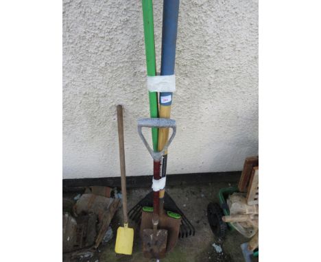 LONG HANDLED GARDENING HAND TOOLS - TWO SPADES, A RAKE AND A BROOM