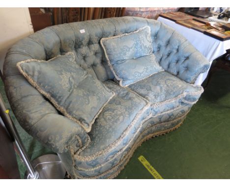 EDWARDIAN TWO-SEATER BUTTON BACK SOFA WITH BLUE AND WHITE WOVEN SATIN UPHOLSTERY PATTERNED WITH CLASSICAL GARDEN SCENES