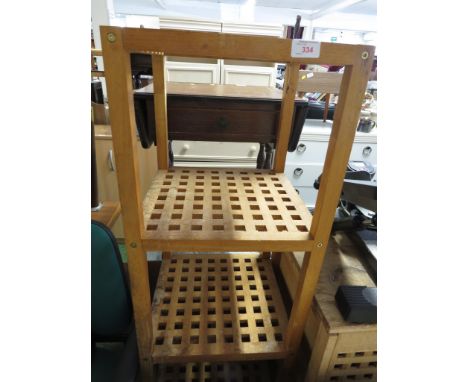 WOODEN LATTICE WORK OPEN SHELF UNIT , TOGETHER WITH A MATCHING THREE DRAWER STORAGE UNIT. (AF)