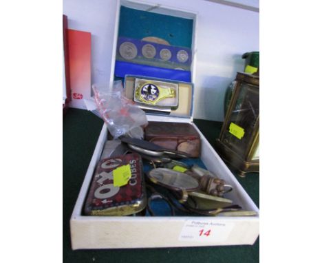 TRAY WITH CONTENTS OF VINTAGE ITEMS INCLUDING MAP MEASURER, SPECTACLES, COINS ETC.