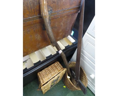 WICKER WASTE PAPER BIN , SMALL WICKER HAMPER , RUSTIC WOODEN WALKING STICK AND A VINTAGE WOODEN T-SQUARE.