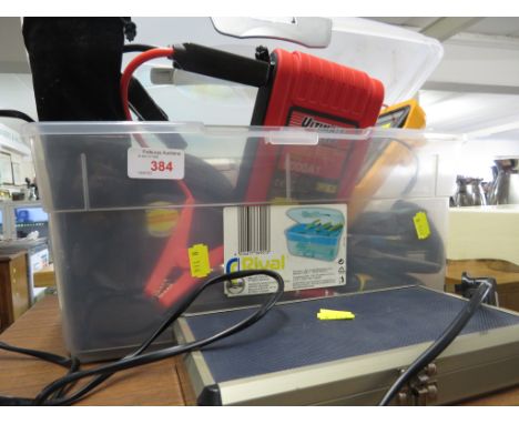 BOSCH CORDLESS SCREWDRIVER, JUMP STARTER, POWER FIX MULTI METER, AND A SELECTION OF TOOLS AND OTHER ITEMS.