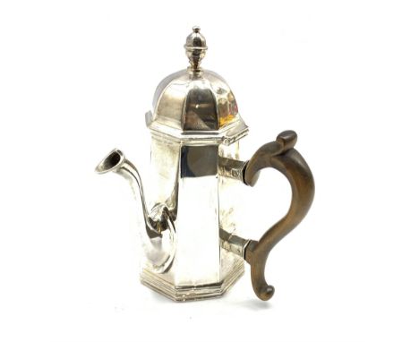 Victorian Britannia standard silver side pouring chocolate pot of panel sided design with domed cover and stained wood handle