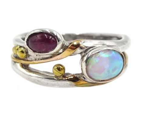 Silver and 14ct gold wire ruby and opal ring, stamped 925 - Condition Report Size M