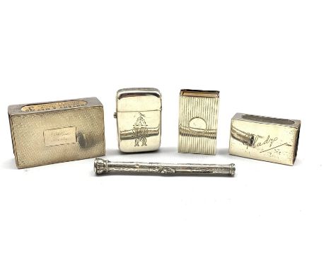 Engine turned silver match box holder inscribed 'R W Gow, Beverley' London 1930, two smaller match box holders a silver vesta