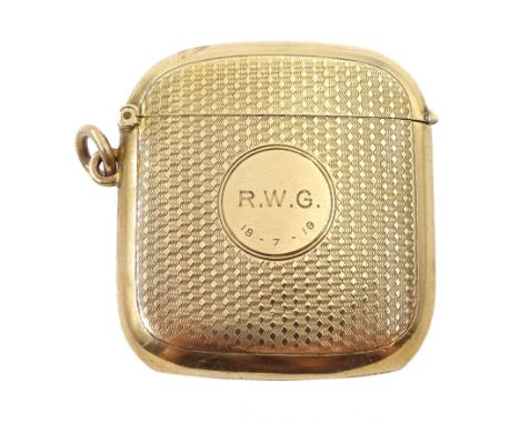 Early 20th century gold vesta case, engine turned decoration and engraved cartouche makers mark G&amp;C, possibly Green &amp;
